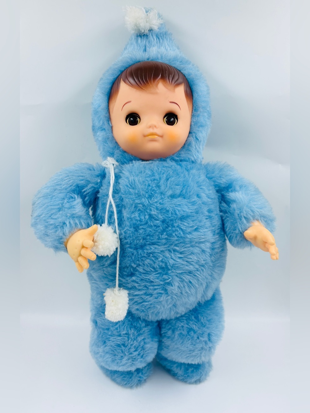 VTG 50s mid century rubber face plush baby doll with blue hooded fuzzy snowsuit